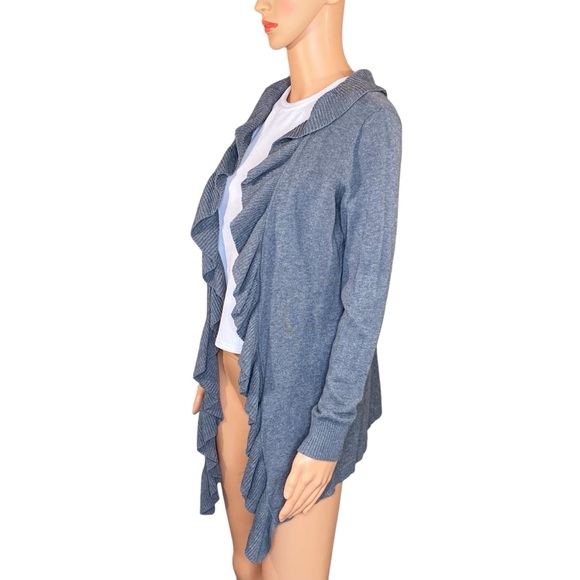 LOFT Waterfall Ruffled Cardigan Sweater Dark Gray Womens Size Large High Low Hem - Picture 3 of 6